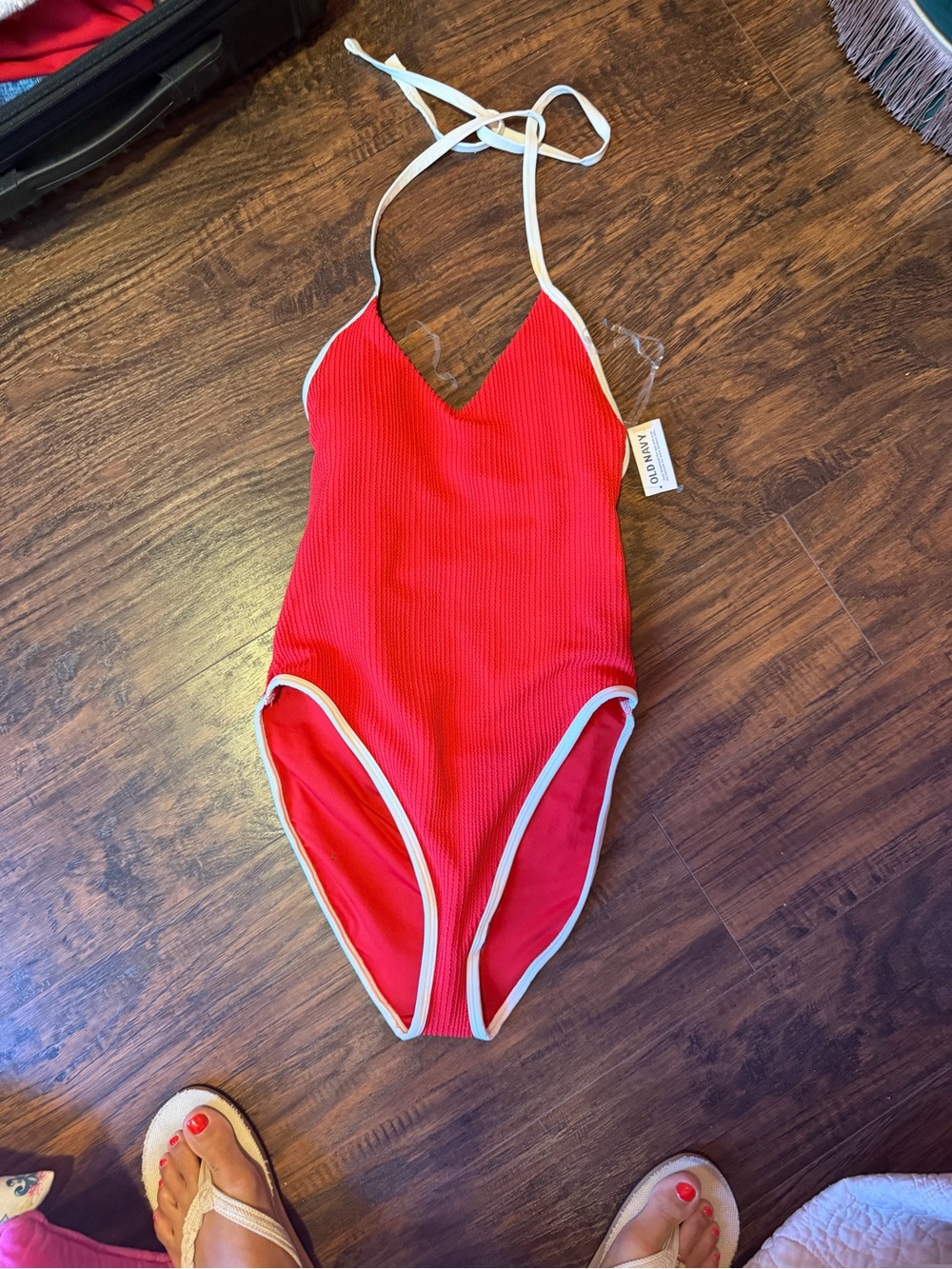 NWT Old Navy Ribbed Red One-Piece Swimsuit with White Trim